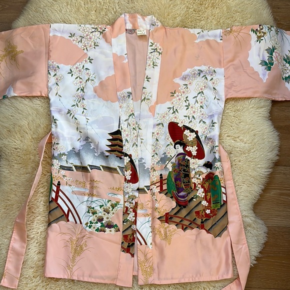 Mornky Kyoto Tokyo Jackets & Blazers - Vintage-Inspired Peach Floral Kimono Jacket with Geisha Motif